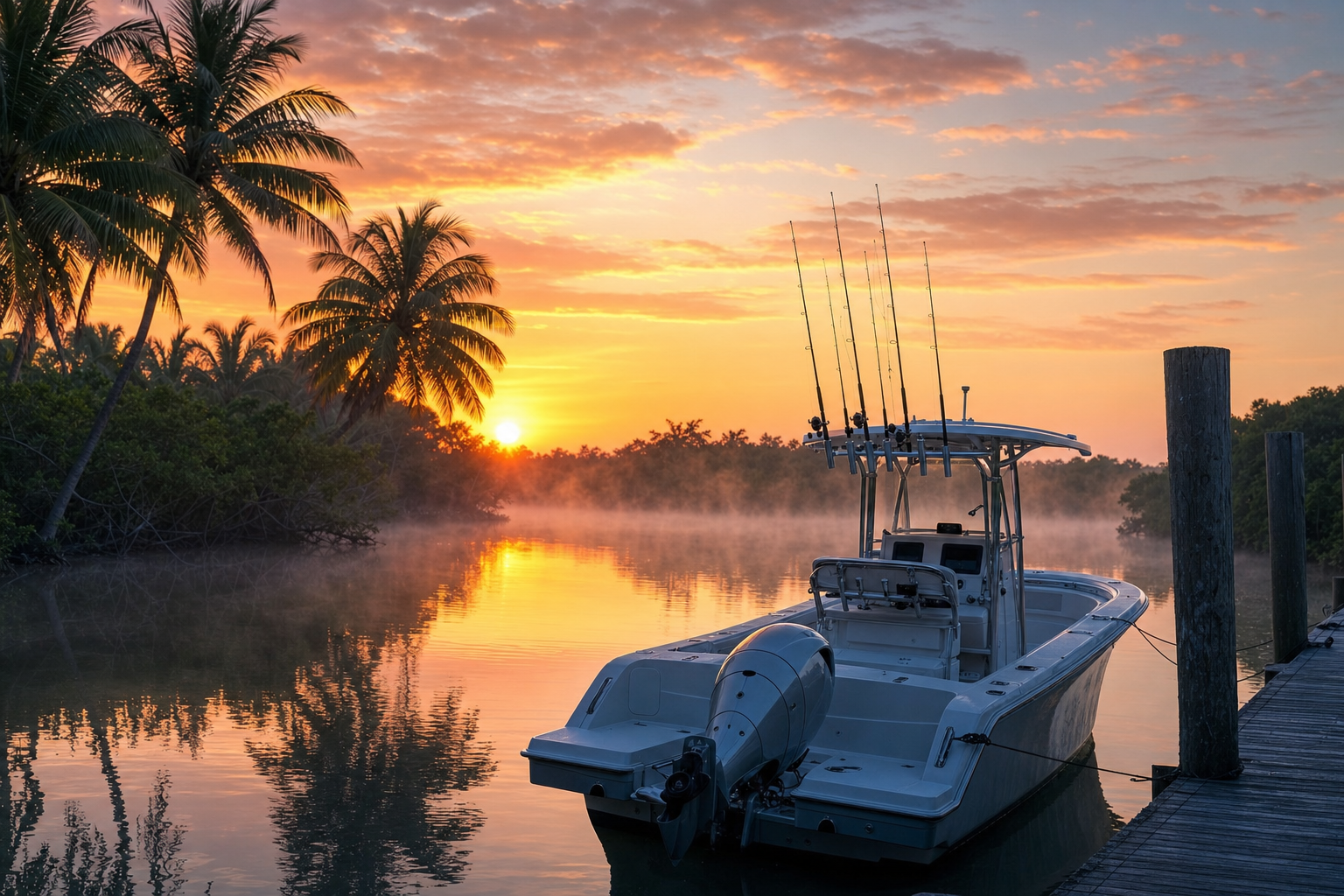A boat launching at a Florida ramp at sunrise